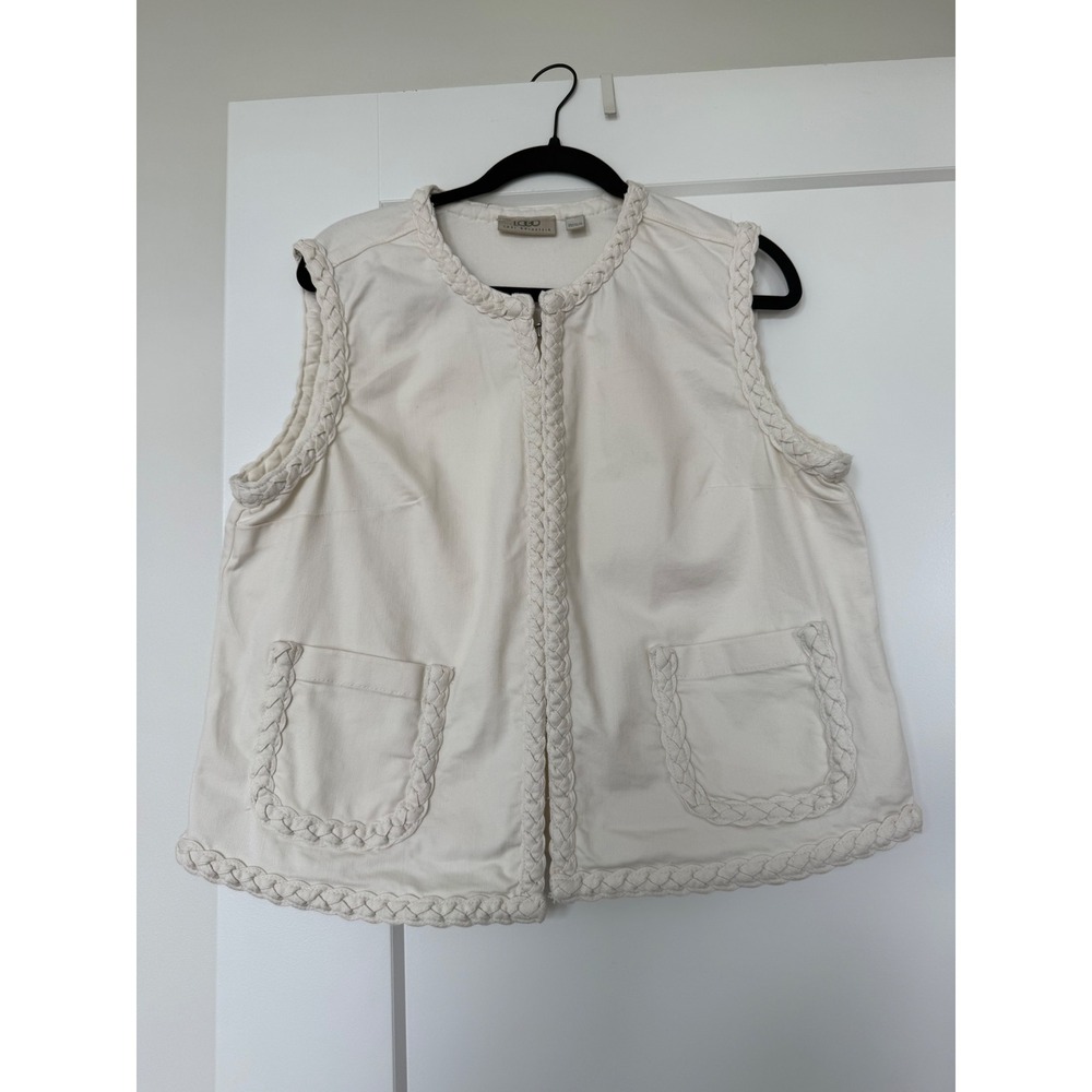 LOGO Lori Goldstein Cream Denim Vest Braided Trim Hook Eye Closure Ivory Large